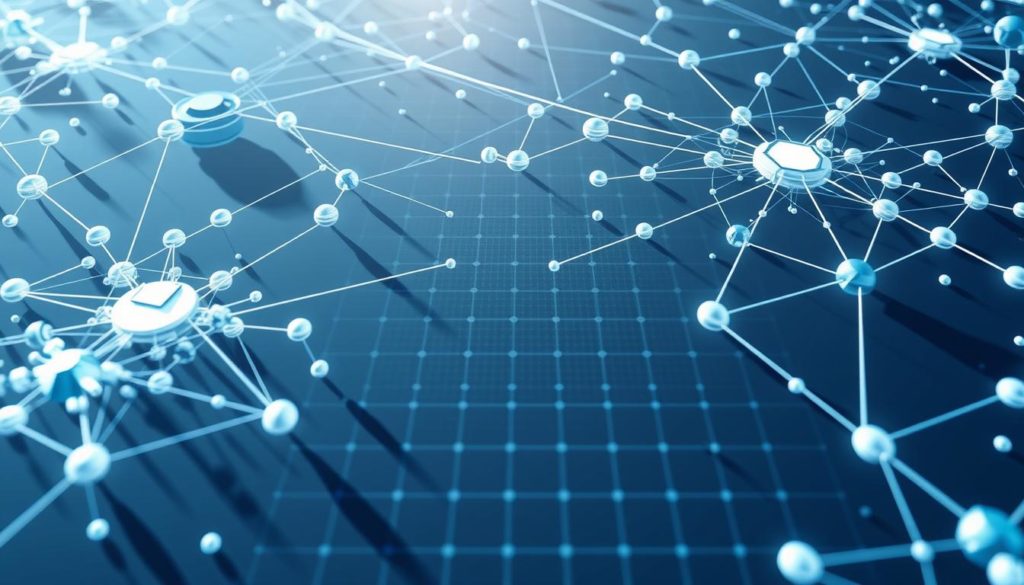 A highly detailed, technically accurate blockchain network diagram showcasing the core components and their interconnections. Crisp, clean lines and geometric shapes in shades of blue, grey, and white convey the futuristic, high-tech nature of blockchain technology. Intricate nodes, hashes, and distributed ledger elements populate the foreground, while a subtle grid pattern forms the middle ground. Soft, directional lighting casts long shadows, adding depth and dimension. Rendered in the Trench Sniper style, this image perfectly captures the essence of "Understanding Blockchain Technology" within the article "Exploring Possibilities Beyond Imagination". A highly detailed, technically accurate blockchain network diagram showcasing the core components and their interconnections. Crisp, clean lines and geometric shapes in shades of blue, grey, and white convey the futuristic, high-tech nature of blockchain technology. Intricate nodes, hashes, and distributed ledger elements populate the foreground, while a subtle grid pattern forms the middle ground. Soft, directional lighting casts long shadows, adding depth and dimension. Rendered in the Trench Sniper style, this image perfectly captures the essence of "Understanding Blockchain Technology" within the article "Exploring Possibilities Beyond Imagination".